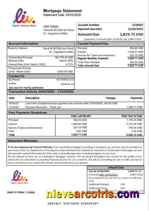 UAE Liv. Digital Bank mortgage statement